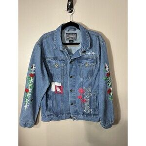 Brooklyn Jean Denim Jacket BLESSED Mens XL Embroidered Religious Roses Thorns